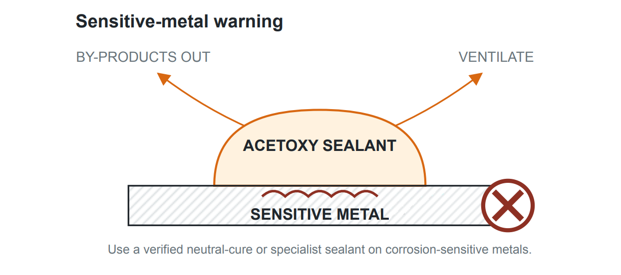 Sensitive-metal warning diagram showing acetoxy sealant by-products leaving, ventilation, and a corrosion warning at the metal interface