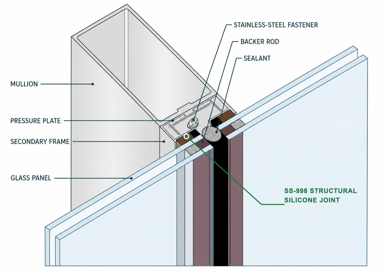Conceptual curtain-wall joint detail with an SS-998 structural silicone joint label pointing to the brown interface between the glass panel and secondary frame