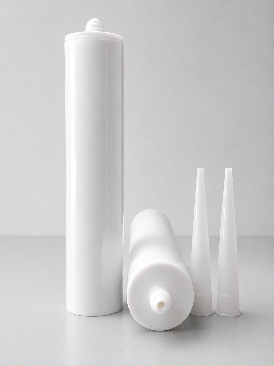 Blank white cartridges and separate nozzles ready for packaging configuration