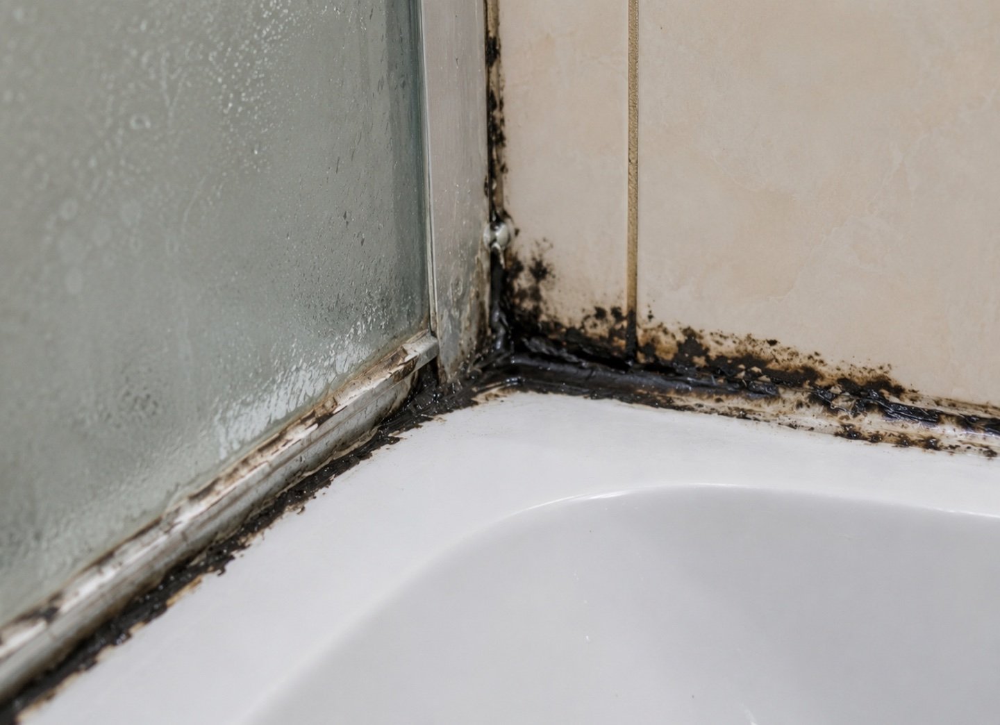 Black mold and deteriorated sealant along the corner of a shower tray, tiled wall and glass screen.