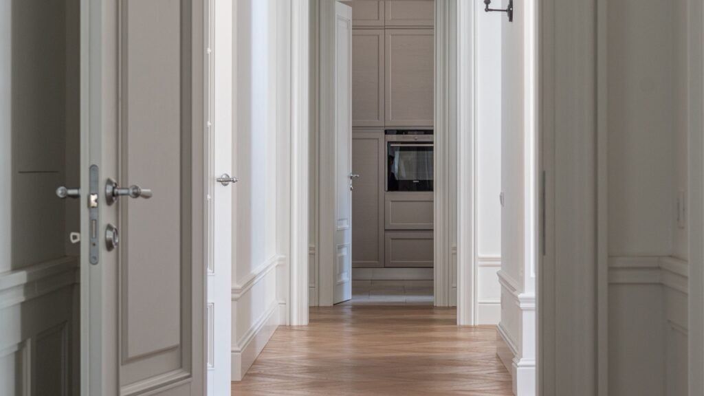 Painted interior hallway with white wall trim, doors and baseboards.