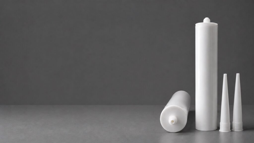 Blank white sealant cartridges and nozzles arranged on a gray surface for private-label packaging review.