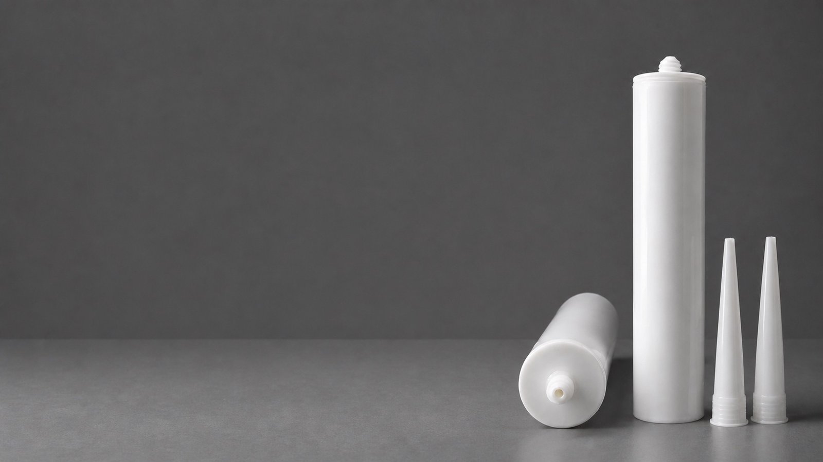 Blank white sealant cartridges and nozzles arranged on a gray surface for private-label packaging review.
