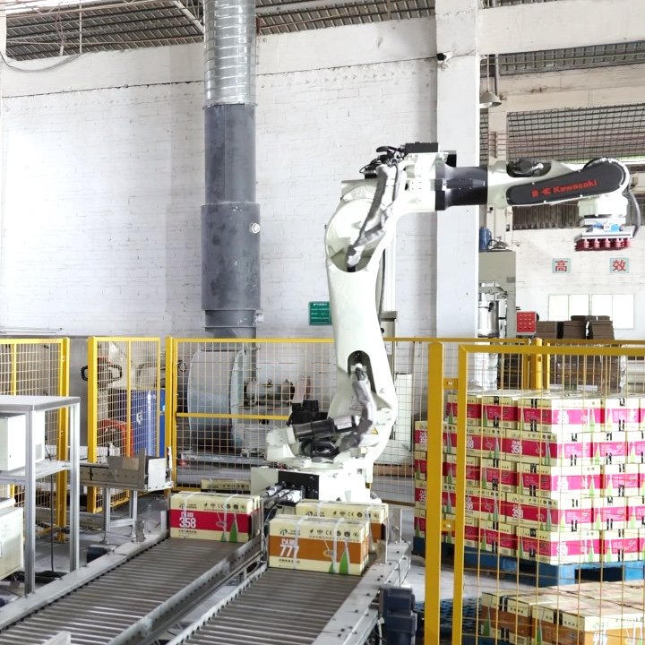 Cartons moving through an automated packaging line beside a guarded robotic station.