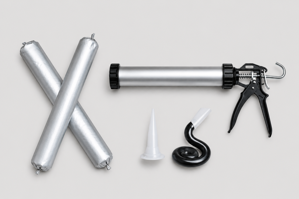 Foil sausage packs and a dispensing gun arranged with sealant nozzles on a light background.