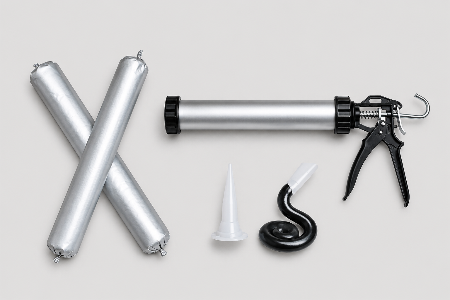 Foil sausage packs and a dispensing gun arranged with sealant nozzles on a light background.