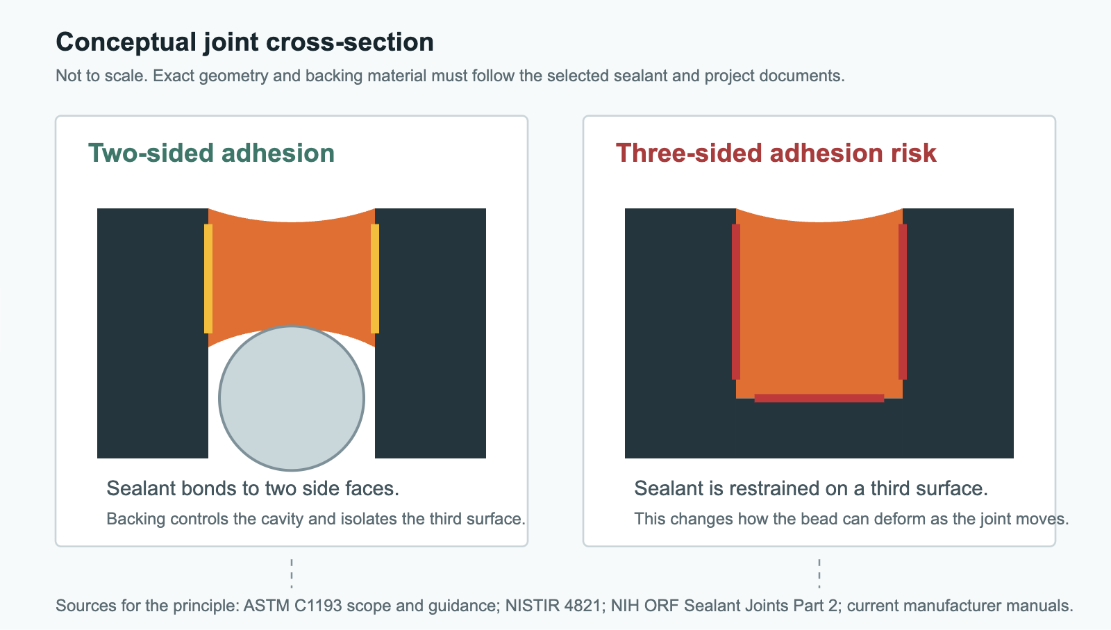 Conceptual sealant-joint cross-sections comparing two-sided adhesion over backing with three-sided adhesion at the joint base.