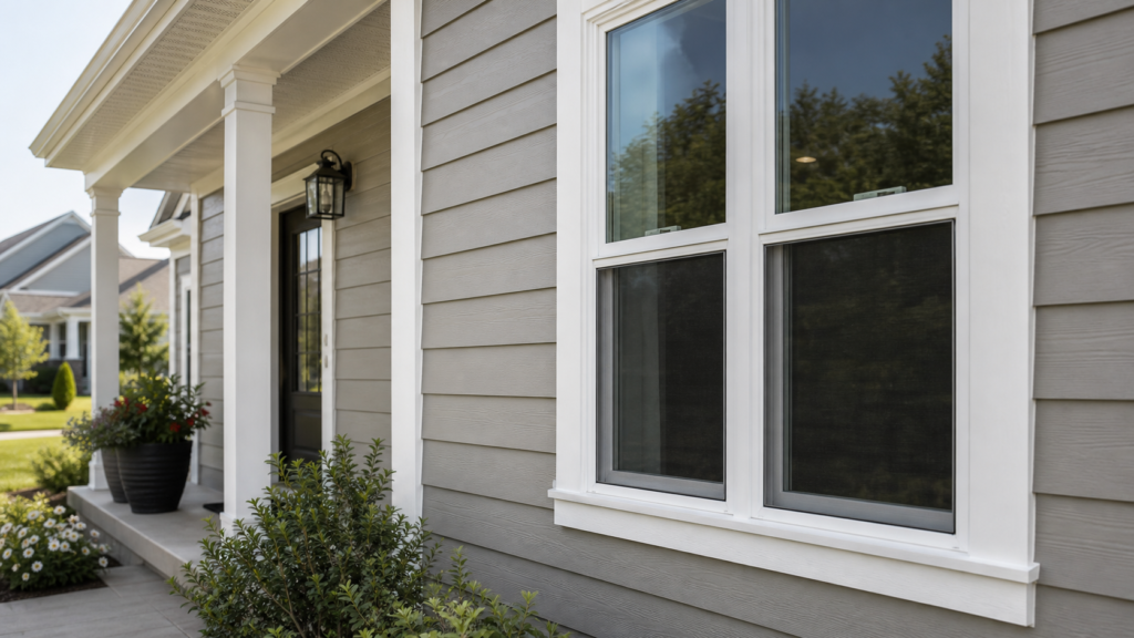 White window frames and trim set into a gray exterior siding wall.