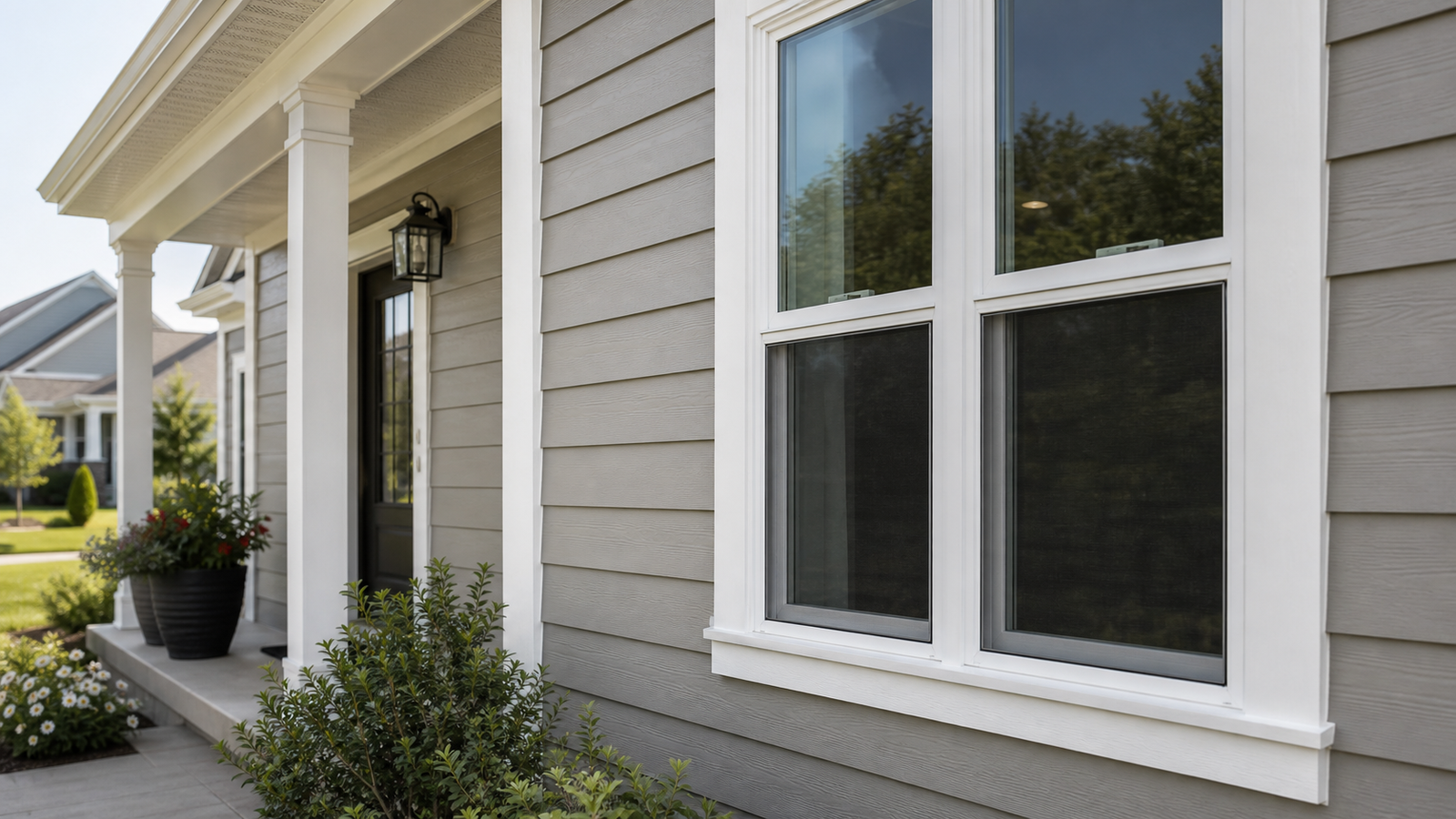 White window frames and trim set into a gray exterior siding wall.