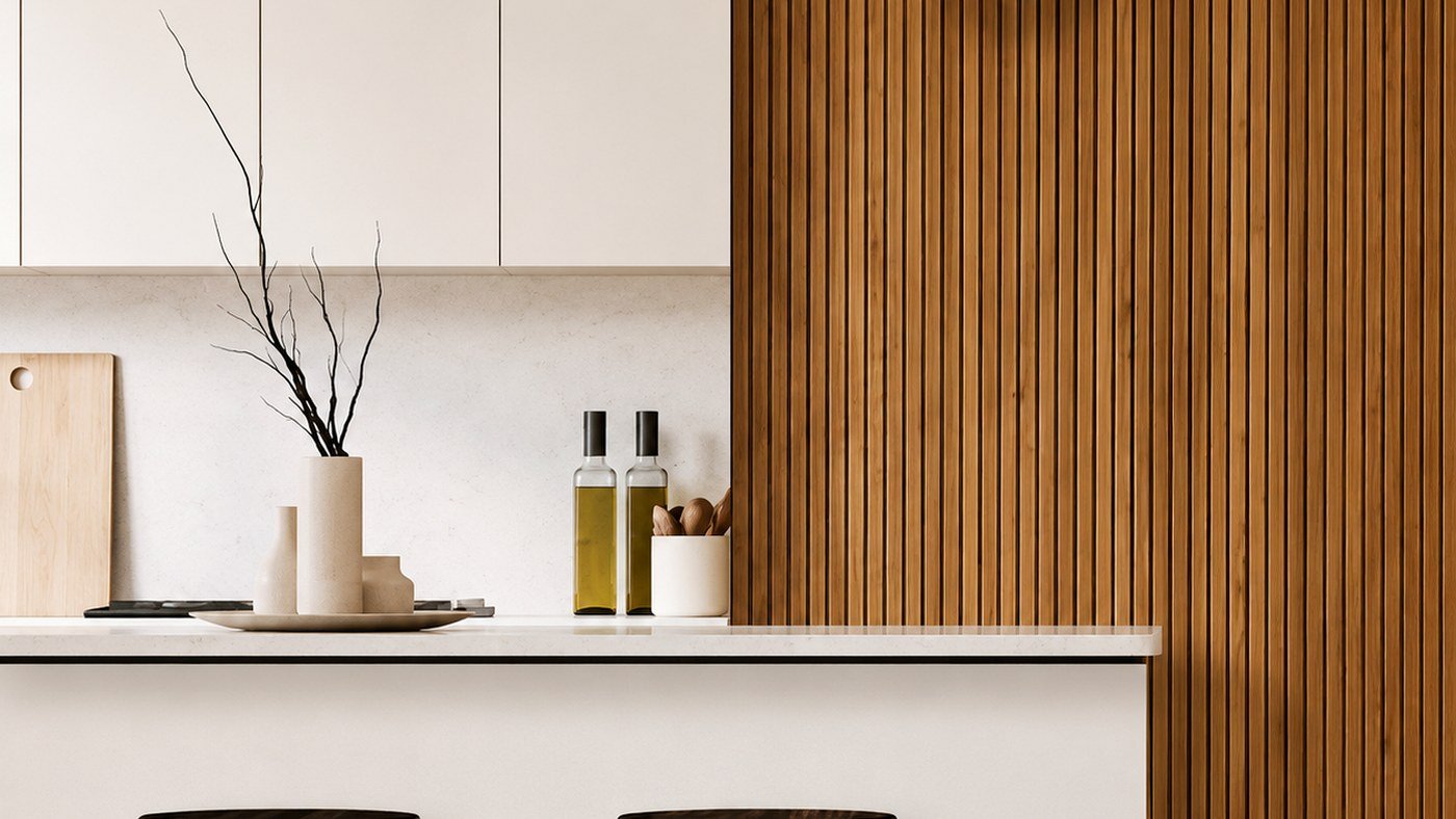 Interior panel, timber slats and a finished counter surface.