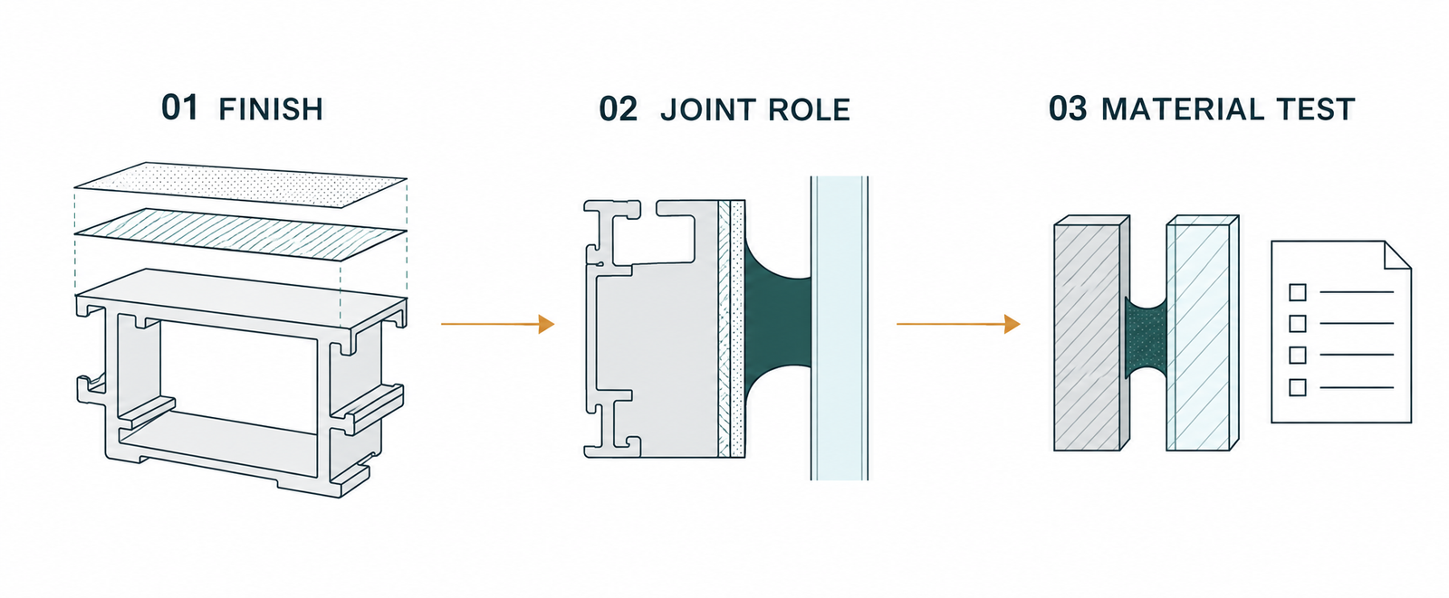 Sequence from aluminum finish identification and joint-role definition to an actual-material sealant test request.