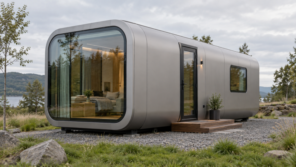 Compact mobile capsule house with aluminum cladding, glazed openings and visible window and door perimeters on an outdoor site.