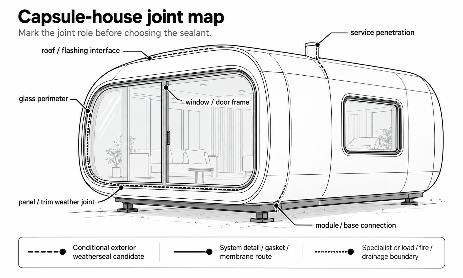 Capsule-house joint map labeling roof and flashing, glass perimeter, window and door frame, panel and trim weather joint, module and base connection, and service penetration by sealing role.