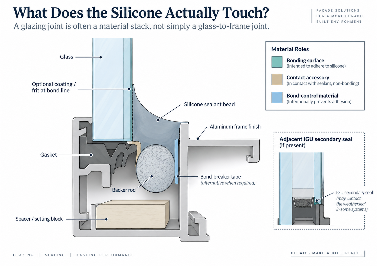 Engineering cross-section of a glazing joint showing glass, coating or frit, a silicone bead, metal frame, gasket, backer rod, spacer block and bond-breaker tape.