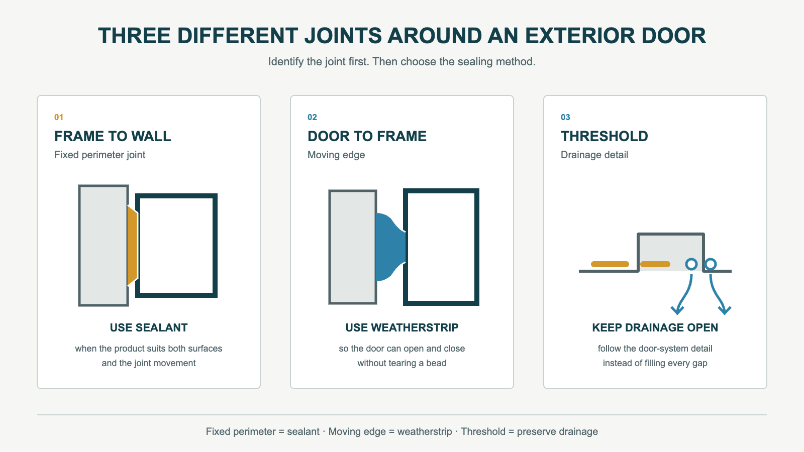 Three-panel diagram showing sealant at a fixed frame perimeter, weatherstrip at a moving door edge, and open drainage at the threshold