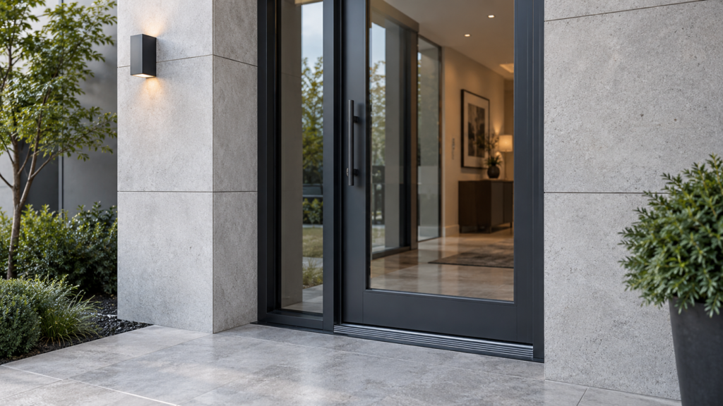 Contemporary black aluminum exterior door set in a light stone facade