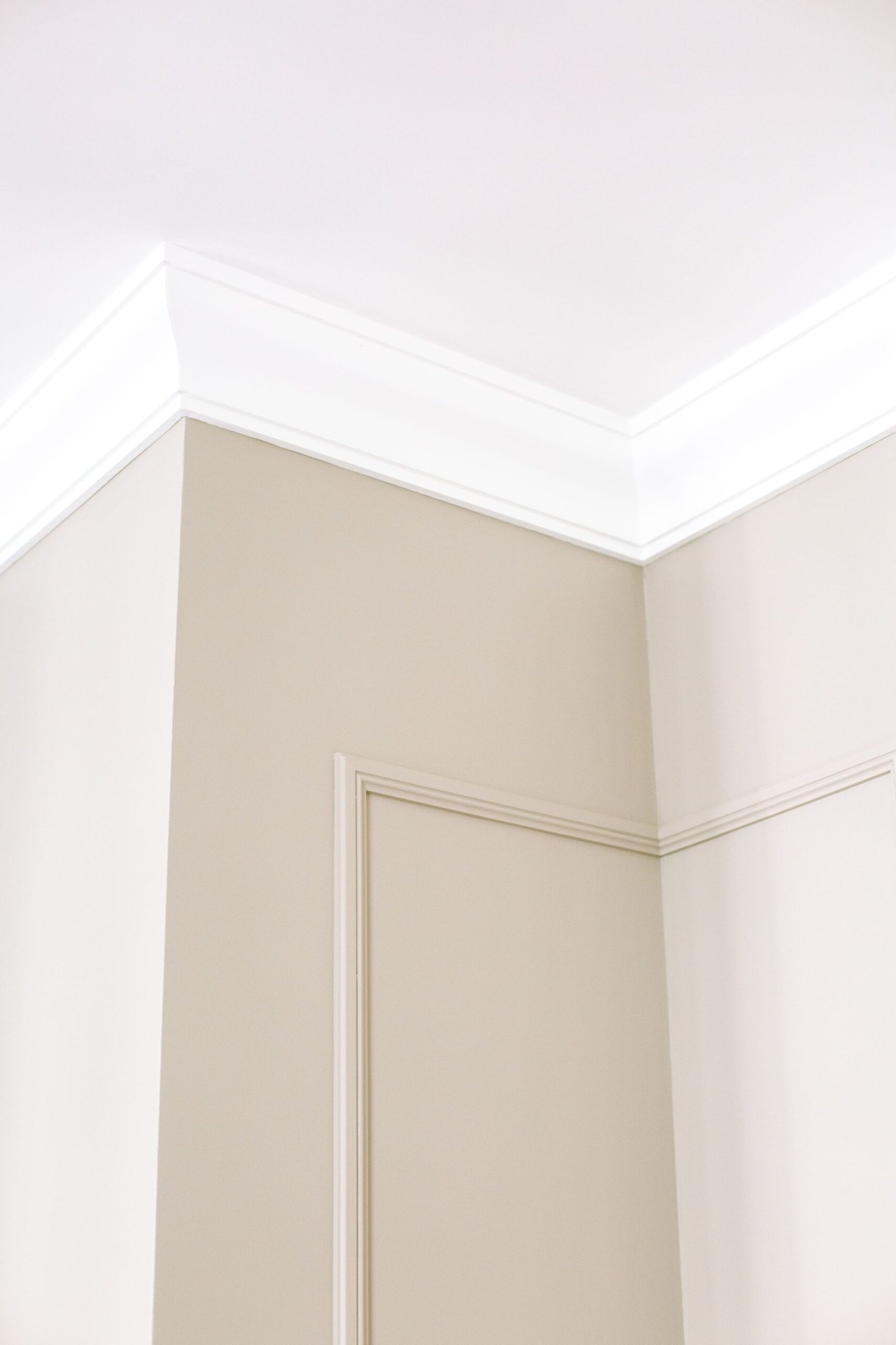 White ceiling molding and painted wall trim at an interior corner.